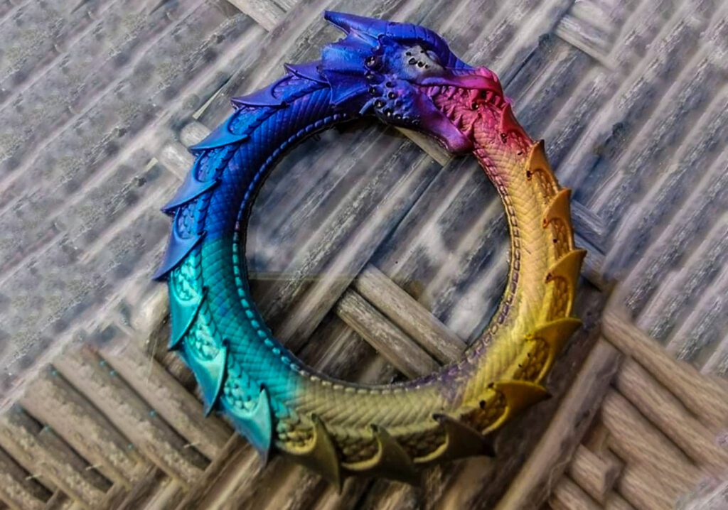 Colourful Ouroboros Dragon casting from silicone mould