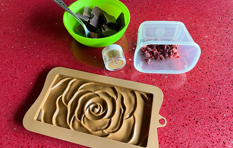 Ingredients for making chocolate bars with silicone moulds