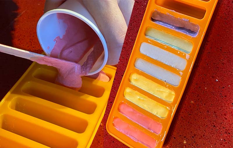 Step 5 Pouring each colour mixture into the silicone mould