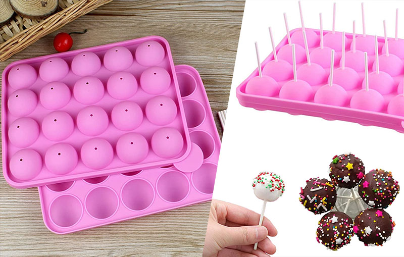 silicone cake pop moulds and cake pops made with chocolate and sprinkles