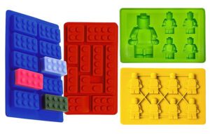 a selection off lego themed silicone moulds in different colours