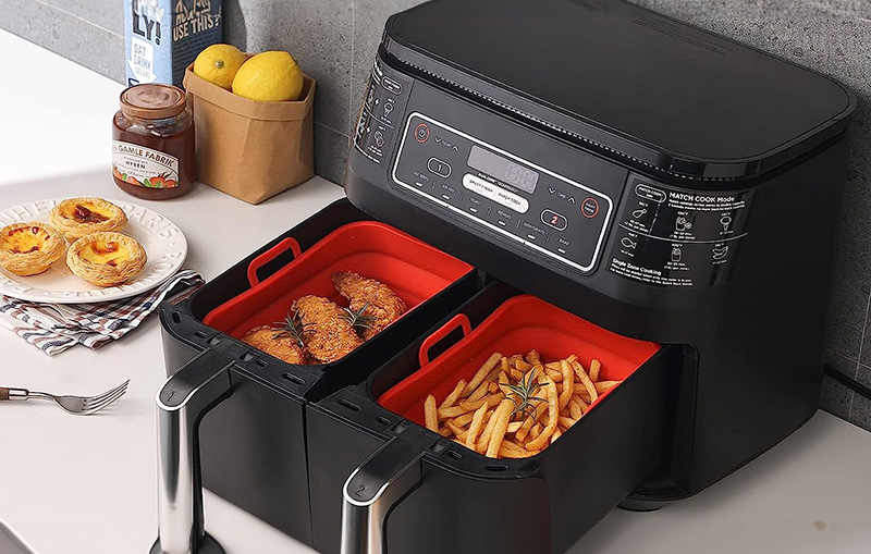 Silicone air fryer liners in a branded duel basket air fryer