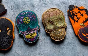 Painted Resin Skulls, made using a skull silicone mould for Halloween decorations