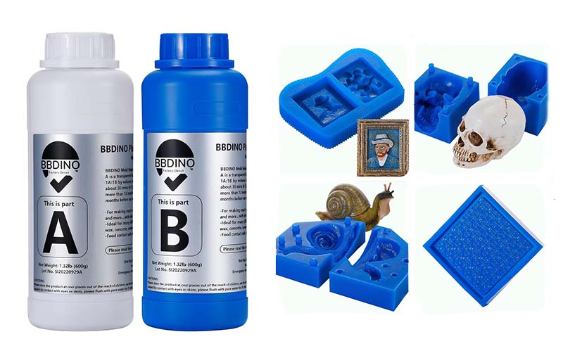 BBDINO silicone mold making kits with blue silicone molds next to two bottles