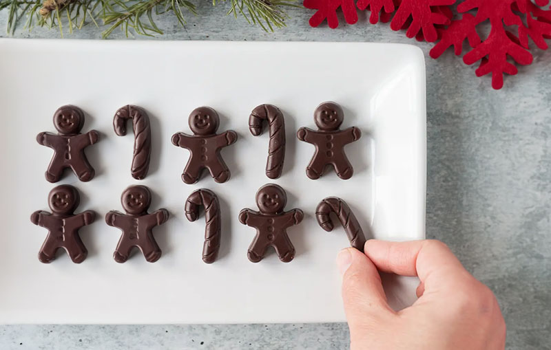 vegan dark chocolate Christmas candies in candy cane and gingerbread man shapes