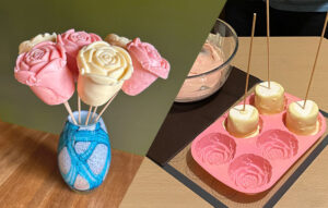 Homemade chocolate roses in a vase alongside the roses being created using a rose silicone mold