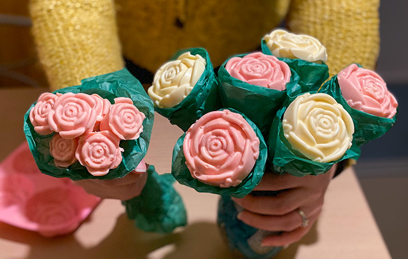 Two bouquets of roses made from chocolate and marshmallows