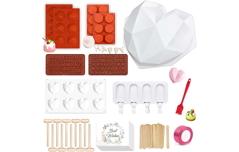 Silicone chocolate mold kit displaying all 82 pieces