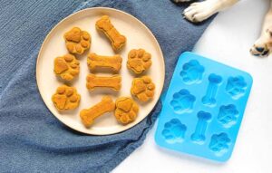 Healthy Dog Treat Recipes - dog treats next to a blue silicone mould with a small dog laying in the top right hand corner