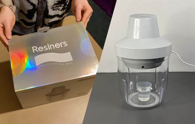 A person unpacking a 'Resiners' branded box on the left, and the Resiners Airless Lite Bubble Remover machine on a desk to the right, illustrating the product and its packaging