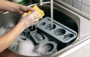 A person washing grey silicone molds with a yellow sponge under running water in a stainless steel sink, with soap bubbles visible around the mold.