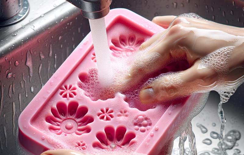 A close-up image showing hands washing a pink silicone mold under a running tap, with soap suds and water demonstrating how to clean silicone molds